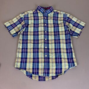 Vintage Arrow Button Down Shirt Mens Medium Plaid Short Sleeve Blue Green Yellow